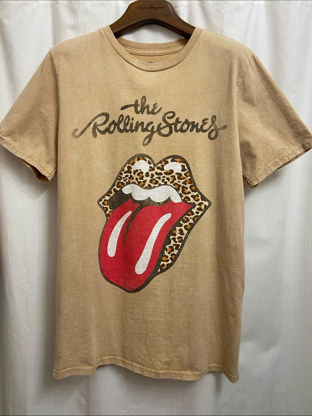 The Rolling Stones Tan Tee with Leopard Lips and Red Tongue